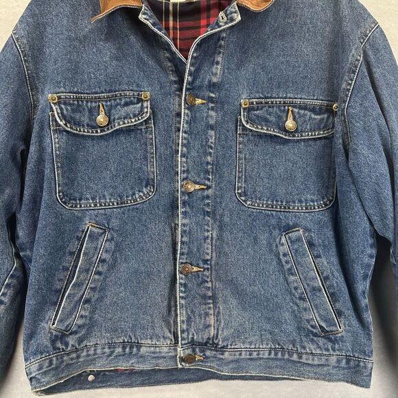 Vintage Geoffrey Beene Flannel Plaid Lined Denim Jacket Leather Collar Men's M - Picture 10 of 16